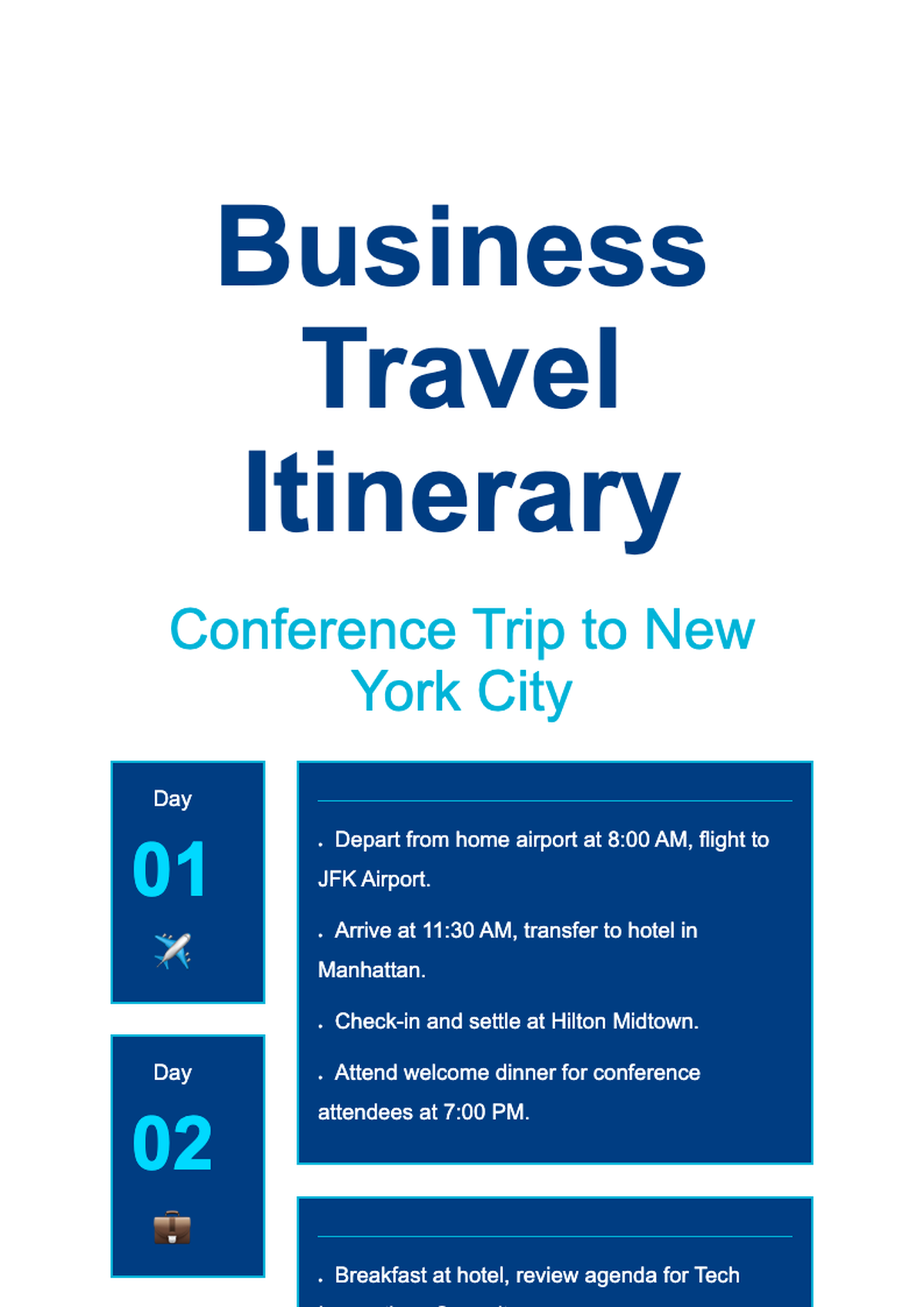 Business travel itinerary with daily schedule and icons_variant_1